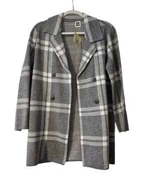 Anne Klein Gray and White Plaid Double-Breasted Pea Coat